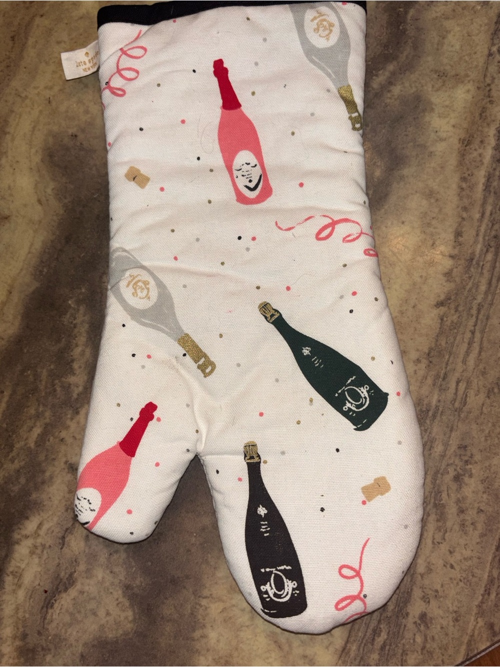 kate spade Champagne Bottle Oven Mitt in White, Pink, Green, Black, Gold
